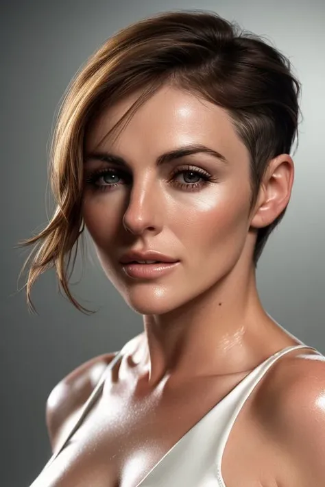 (closeup:1) photo of (CR-ElizabethHurl3y-frankyfrank2k:0.9) as a (young:1.0) woman, (oiled shiny skin:1.0), (slick undercut:1.2) hair,
(8k uhd:1.0), (best quality:1.0), (masterpiece:1.0), (sharp focus:1.0), grey background,