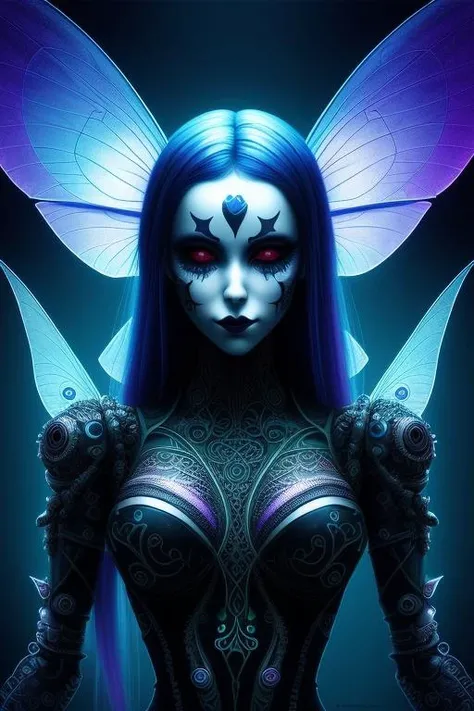 photography of a creepy and cute fairy, perfect face, intricate details, realism, colorful cyberpunk