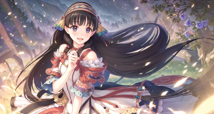 masterpiece, (best quality:1.4), photorealistic, best illustration, (beautiful detailed:1.4), finely detailed, (dramatic light:0.6), HDR, ray-tracing, 1girl, solo, (shallistera), cowboy shot, hairband, long hair, black hair, (finely detailed iris), finely detailed pupils, finely detailed eyes, from angle, looking at viewer, purple eyes, adjusting hair, smile, red bow, dress, open mouth,