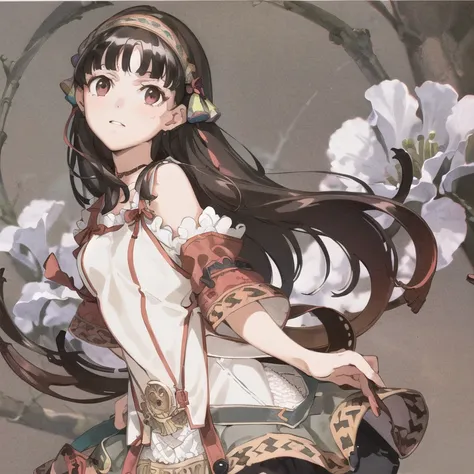 vvi\(artstyle\),vvi\(face\),bug, solo, frills, jewelry, brown hair, grey background, earrings,<lora:Vivid_Impactful_Style_1-0:0.8>, <lora:atelierShallie_v108:1>