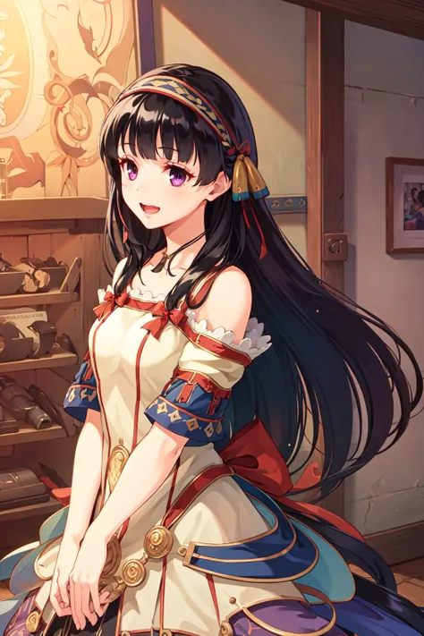 masterpiece, (best quality:1.4), photorealistic, best illustration, (beautiful detailed:1.4), finely detailed, (dramatic light:0.6), HDR, ray-tracing, 1girl, solo, (shallistera), cowboy shot, hairband, long hair, black hair, finely detailed iris, from angle, looking at viewer, purple eyes, adjusting hair, smile, red bow, dress, open mouth,