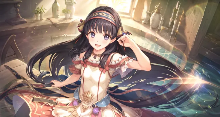 masterpiece, (best quality:1.4), photorealistic, best illustration, (beautiful detailed:1.4), finely detailed, (dramatic light:0.6), HDR, ray-tracing, 1girl, solo, (shallistera), cowboy shot, hairband, long hair, black hair, (finely detailed iris), finely detailed pupils, finely detailed eyes, from angle, looking at viewer, purple eyes, adjusting hair, smile, red bow, dress, open mouth,