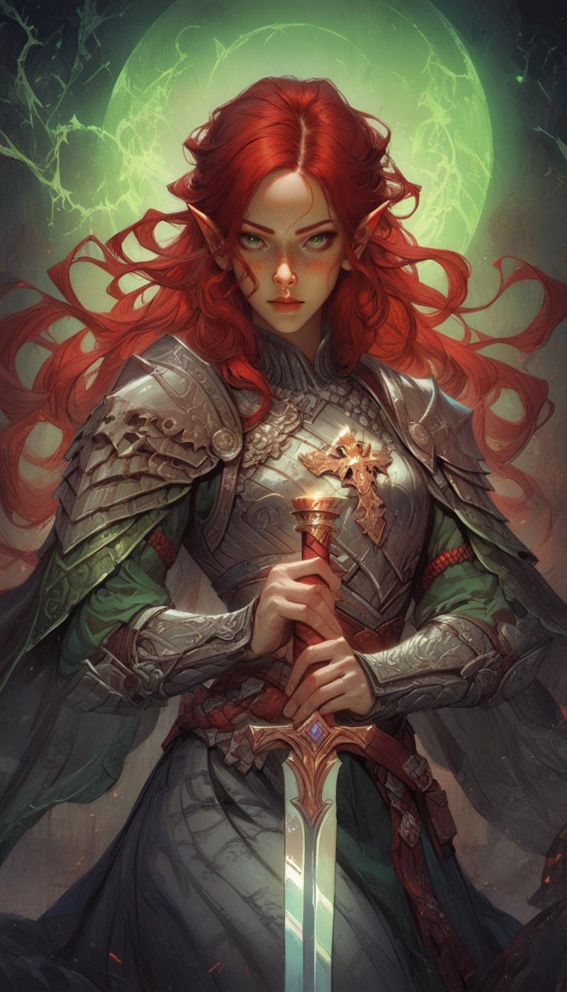 A woman with red hair and armor holding a sword - SeaArt AI