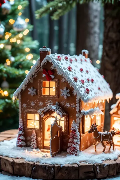 (masterpiece), (detailed), (intricate details), (realistic:1.4) <lora:Gingerbread_House:0.7>, Gingerbread_House, forest background, tree, window, night, snowing, christmas decoration, glowing, nature, glowing eyes, forest, door, dark, glow, snow man, river, candy, christmas tree, sleigh<lora:add_detail:0.6>