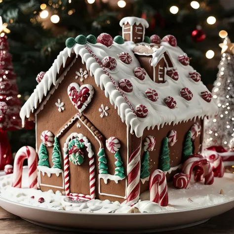 intricate, ultrafine detail, realistic, perfect exposure,  chocolate river, heart, fruit, , snow, cake, chocolate, strawberry, ((masterpiece,best quality)), absurdres, Gingerbread_House, gingerbread house, food, food focus, cookies, candy canes, Christmas,