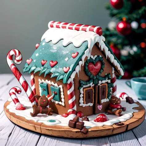 ((masterpiece,best quality)), absurdres <lora:Gingerbread_House:0.7>, Gingerbread_House, gingerbread house, food, food focus,  cookies, candy canes, 
Christmas, <lora:EdobSyFyHorrorFairyTale_v1.0:0.5>, EdobFairyTaleLandscape, 
chocolate river, 
heart, fruit, , snow, cake, chocolate, strawberry,  <lora:more_details:0.7>