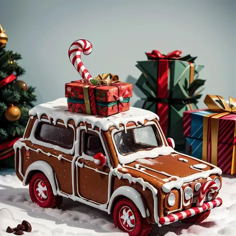 ((masterpiece,best quality)), absurdres <lora:Gingerbread_House:0.7>, Gingerbread_House, gingerbread house, food, food focus, cookies, candy canes,
Christmas, <lora:EdobSyFyHorrorFairyTale_v1.0:0.5>, EdobFairyTaleLandscape,
ground vehicle, box, motor vehicle, snow, gift, chocolate, car, vehicle focus, <lora:more_details:0.7>