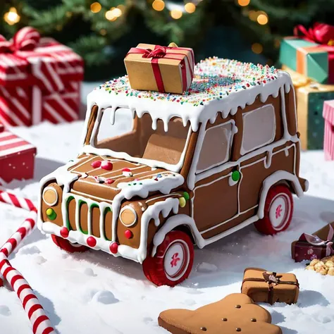 ((masterpiece,best quality)), absurdres <lora:Gingerbread_House:0.7>, Gingerbread_House, food, food focus,  cookies, candy canes, cartoon, drawing, 
Christmas, 
ground vehicle, box, motor vehicle, snow, gift, chocolate, car, vehicle focus"