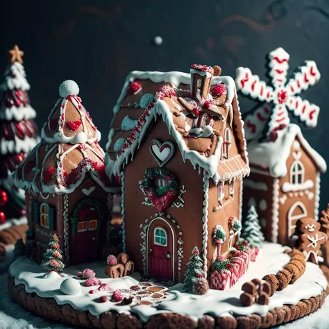 ((masterpiece,best quality)), absurdres <lora:Gingerbread_House:0.7>, Gingerbread_House, gingerbread house, food, food focus, cookies, candy canes,
Christmas, <lora:EdobSyFyHorrorFairyTale_v1.0:0.5>, EdobFairyTaleLandscape,
chocolate river,
heart, fruit, , snow, cake, chocolate, strawberry, windmill,, <lora:more_details:0.7>
