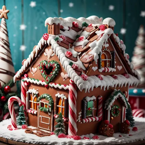 ((masterpiece,best quality)), absurdres <lora:Gingerbread_House:0.7>, Gingerbread_House, gingerbread house, food, food focus, cookies, candy canes,
Christmas, <lora:EdobSyFyHorrorFairyTale_v1.0:0.5>, EdobFairyTaleLandscape,
chocolate river,
heart, fruit, , snow, cake, chocolate, strawberry, <lora:more_details:0.7>