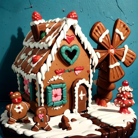 ((masterpiece,best quality)), absurdres <lora:Gingerbread_House:0.7>, Gingerbread_House, gingerbread house, food, food focus,  cookies, candy canes, 
Christmas, <lora:EdobSyFyHorrorFairyTale_v1.0:0.5>, EdobFairyTaleLandscape, 
chocolate river, 
heart, fruit, , snow, cake, chocolate, strawberry, windmill,, <lora:more_details:0.7>