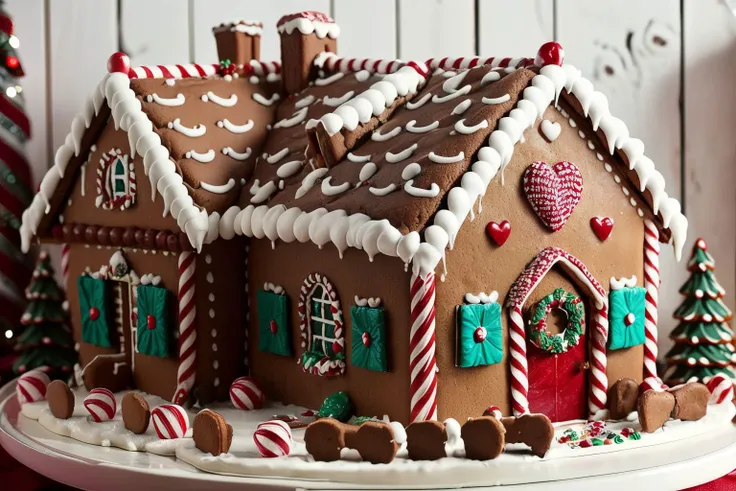intricate, ultrafine detail, realistic, perfect exposure, chocolate river, heart, fruit, , snow, cake, chocolate, strawberry, ((masterpiece,best quality)), absurdres, Gingerbread_House, gingerbread house, food, food focus, cookies, candy canes, Christmas,