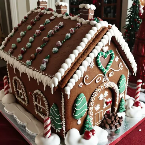intricate, ultrafine detail, realistic, perfect exposure, chocolate river, heart, fruit, , snow, cake, chocolate, strawberry, ((masterpiece,best quality)), absurdres, Gingerbread_House, gingerbread house, food, food focus, cookies, candy canes, Christmas,