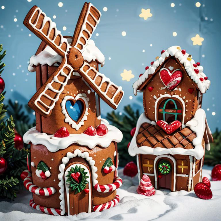 ((masterpiece,best quality)), absurdres <lora:Gingerbread_House:0.7>, Gingerbread_House, gingerbread house, food, food focus, cookies, candy canes,
Christmas, <lora:EdobSyFyHorrorFairyTale_v1.0:0.5>, EdobFairyTaleLandscape,
chocolate river,
heart, fruit, , snow, cake, chocolate, strawberry, windmill,, <lora:more_details:0.7>