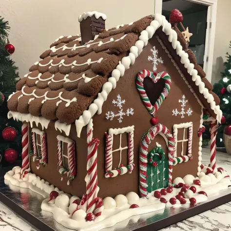 intricate, ultrafine detail, realistic, perfect exposure, chocolate river, heart, fruit, , snow, cake, chocolate, strawberry, ((masterpiece,best quality)), absurdres, Gingerbread_House, gingerbread house, food, food focus, cookies, candy canes, Christmas,
