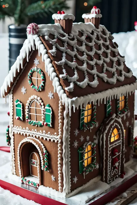 Christmas Village, cinematic lighting, intricate, ultrafine detail, realistic, perfect exposure, snow, cake, chocolate, strawberry, ((masterpiece,best quality)), absurdres, Gingerbread_House, gingerbread house, candy canes, Christmas,