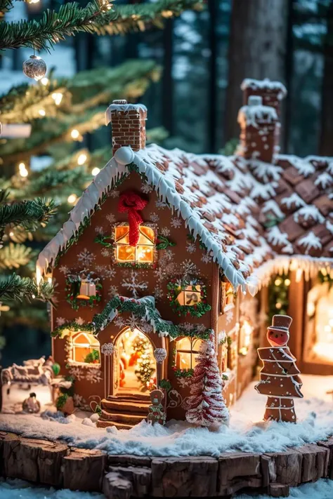 (masterpiece), (detailed), (intricate details), (realistic:1.4) <lora:Gingerbread_House:0.7>, Gingerbread_House, at night, forest background, tree, window, night, snowing, christmas decoration, glowing, nature, glowing eyes, forest, door, dark, glow, snow man, river, candy, christmas tree, sleigh<lora:add_detail:0.6>