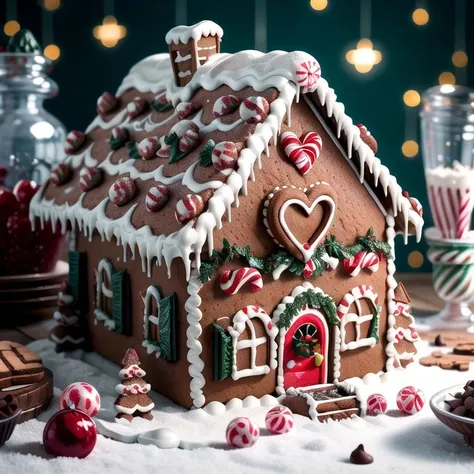 ((masterpiece,best quality)), absurdres <lora:Gingerbread_House:0.7>, Gingerbread_House, gingerbread house, food, food focus,  cookies, candy canes, 
Christmas, <lora:EdobSyFyHorrorFairyTale_v1.0:0.5>, EdobFairyTaleLandscape, 
chocolate river, 
heart, fruit, , snow, cake, chocolate, strawberry,  <lora:more_details:0.7>