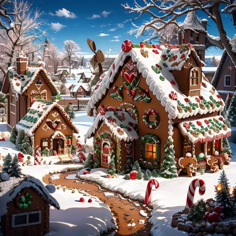 ((masterpiece,best quality)), absurdres <lora:Gingerbread_House:0.7>, Gingerbread_House, gingerbread house, food, food focus, cookies, candy canes,
Christmas, <lora:EdobSyFyHorrorFairyTale_v1.0:0.5>, EdobFairyTaleLandscape,
chocolate river,
heart, fruit, , snow, cake, chocolate, strawberry, windmill,