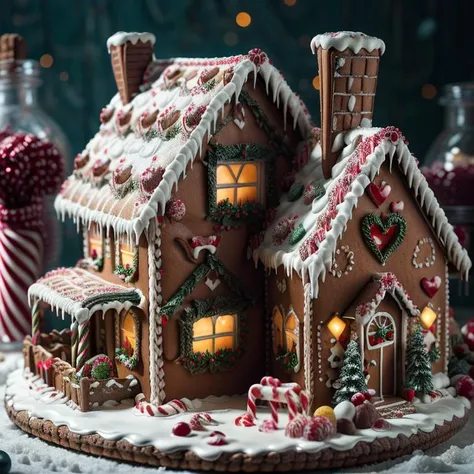((masterpiece,best quality)), absurdres <lora:Gingerbread_House:0.7>, Gingerbread_House, gingerbread house, food, food focus, cookies, candy canes,
Christmas, <lora:EdobSyFyHorrorFairyTale_v1.0:0.5>, EdobFairyTaleLandscape,
chocolate river,
heart, fruit, , snow, cake, chocolate, strawberry, windmill,, <lora:more_details:0.7>