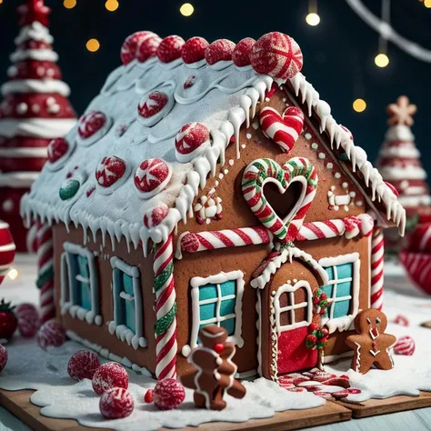 ((masterpiece,best quality)), absurdres <lora:Gingerbread_House:0.7>, Gingerbread_House, gingerbread house, food, food focus,  cookies, candy canes, 
Christmas, <lora:EdobSyFyHorrorFairyTale_v1.0:0.5>, EdobFairyTaleLandscape, 
chocolate river, 
heart, fruit, , snow, cake, chocolate, strawberry,  <lora:more_details:0.7>