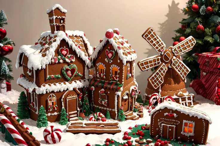 ((masterpiece,best quality)), absurdres <lora:Gingerbread_House:0.7>, Gingerbread_House, gingerbread house, food, food focus, cookies, candy canes,
Christmas, <lora:EdobSyFyHorrorFairyTale_v1.0:0.5>, EdobFairyTaleLandscape,
chocolate river,
heart, fruit, , snow, cake, chocolate, strawberry, windmill,