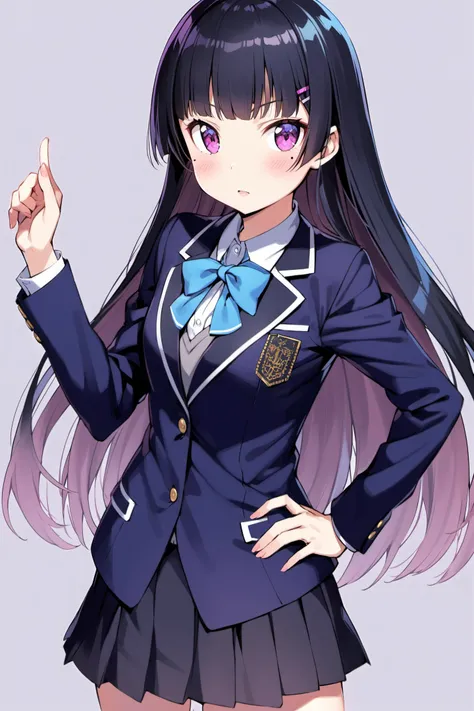 1girl,solo, gokou ruri, school uniform, blazer, long hair, jacket, black hair, mole under eye, mole, blush, hair ornament, hairclip, skirt, purple eyes, hand on hip, <lora:Kanzaki Hiro_XL:0.8>