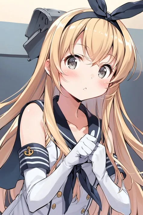 shimakaze (kancolle), 1girl, long hair, solo, elbow gloves, gloves, blonde hair, anchor hair ornament, hairband, hair ornament, grey eyes, looking at viewer, blush, :<, upper body, white gloves, serafuku, sailor collar, <lora:Kanzaki Hiro_XL:0.8>