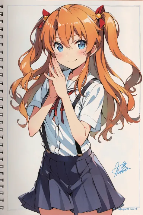1girl, souryuu asuka langley, solo, long hair, school uniform, blue eyes, smile, white background, ribbon, shirt, simple background, own hands together, orange hair, short sleeves, skirt, red ribbon, neck ribbon, white shirt, bangs, hair between eyes, looking at viewer, tokyo-3 middle school uniform, signature, closed mouth, two side up, hair ornament, suspender skirt, interface headset, suspenders, traditional media, cowboy shot, interlocked fingers, blue skirt, <lora:Kanzaki Hiro_XL:0.8>