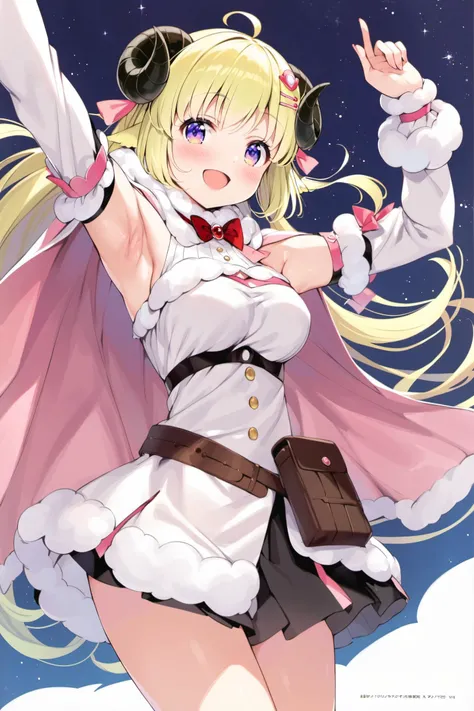 1girl, tsunomaki watame, blonde hair, virtual youtuber, horns, long hair, solo, hair ornament, sheep horns, dress, sheep girl, hairclip, fur trim, open mouth, purple eyes, pink cape, cape, sheep ears, breasts, ahoge, detached sleeves, pouch, animal ears, looking at viewer, simple background, smile, white background, belt pouch, fur-trimmed dress, white dress, medium breasts, bangs, short dress, armpits, page number, blush, bow, sleeveless, fur-trimmed sleeves, sleeveless dress, thighs, very long hair, fur-trimmed cape, <lora:Kanzaki Hiro_XL:0.8>