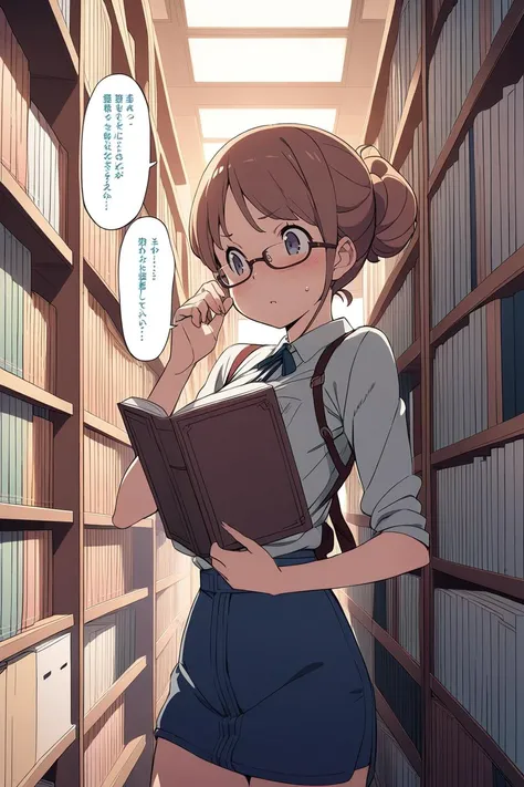 1girl, explicit breasts, in a quaint bookshop, browsing through shelves, wearing glasses, surrounded by books, cozy and warm lighting, style of Kanzaki Hiro, clear lines, late anime style, light and shadows, a speech bubble, <lora:Kanzaki Hiro_XL:0.9>, masterpiece, best quality, highly detailed, ultra detailed, cinematic, dramatic, anime