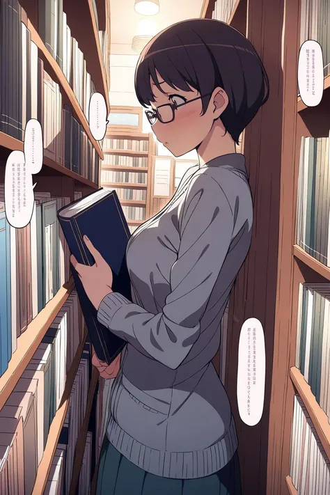 1girl, explicit breasts, in a quaint bookshop, browsing through shelves, wearing glasses, surrounded by books, cozy and warm lighting, style of Kanzaki Hiro, clear lines, late anime style, light and shadows, a speech bubble, <lora:Kanzaki Hiro_XL:0.9>, masterpiece, best quality, highly detailed, ultra detailed, cinematic, dramatic, anime