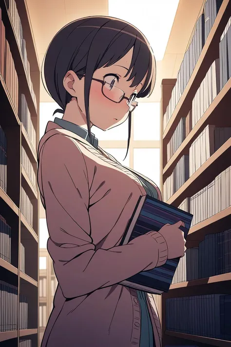 1girl, explicit breasts, in a quaint bookshop, browsing through shelves, wearing glasses, surrounded by books, cozy and warm lighting, style of Kanzaki Hiro, clear lines, late anime style, light and shadows, a speech bubble, <lora:Kanzaki Hiro_XL:0.9>, masterpiece, best quality, highly detailed, ultra detailed, cinematic, dramatic, anime