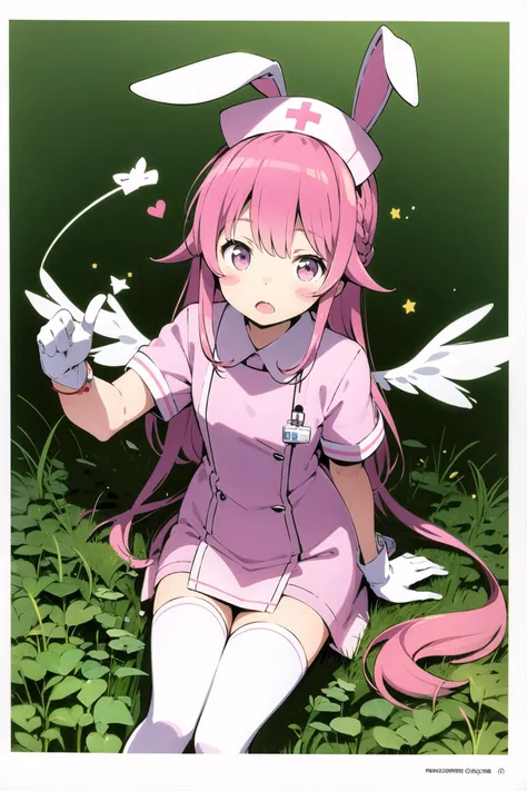 1girl, animal ears, blush stickers, rabbit ears, pink hair, gloves, thighhighs, hat, open mouth, nurse cap, pink eyes, ahoge, solo, bow, long hair, wings, white gloves, sitting, braid, wand, dress, nurse, star (symbol), bracelet, short sleeves, jewelry, <lora:Kanzaki Hiro:0.8>