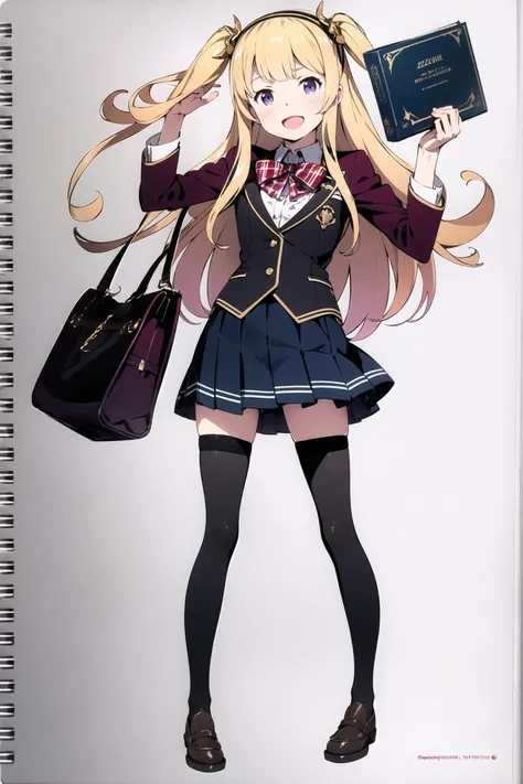 cagliostro (granblue fantasy), 1girl, solo, long hair, thighhighs, blonde hair, open mouth, skirt, school uniform, smile, book, purple eyes, simple background, full body, looking at viewer, jacket, official alternate costume, shoes, zettai ryouiki, hairband, blazer, :d, white thighhighs, loafers, bag, plaid skirt, jewelry, plaid, white background, pleated skirt, frills, ribbon, <lora:Kanzaki Hiro:0.8>
