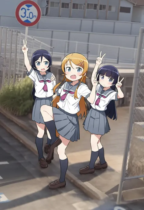 3girls,kousaka kirino, aragaki ayase, gokou ruri, ore no imouto ga konna ni kawaii wake ga nai, multiple girls, school uniform,
googlecarmeme,outdoors,sign,road, road sign,city,v,standing on one leg,arm up, <lora:googlecarmemeXL1:0.8>
best quality, very aesthetic, absurdres