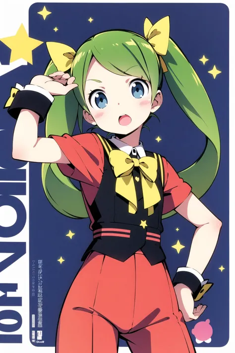 mascot, 1girl, yellow bow, solo, bow, green hair, twintails, star (symbol), blue eyes, open mouth, wrist cuffs, hand on hip, ribbon, long hair, blush stickers, <lora:Kanzaki Hiro:0.8>