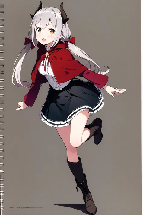 1girl, horns, solo, draph, open mouth, twintails, looking at viewer, long hair, dress, blush, full body, breasts, boots, brown eyes, low twintails, long sleeves, simple background, standing on one leg, capelet, grey hair, frills, standing, skirt, brown footwear, <lora:Kanzaki Hiro:0.8>