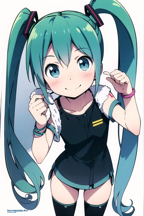 1girl, solo, long hair, twintails, hatsune miku, smile, jewelry, thighhighs, looking at viewer, bracelet, blue eyes, shirt, simple background, towel, white background, very long hair, green hair, blush, aqua hair, short sleeves, <lora:Kanzaki Hiro:0.8>