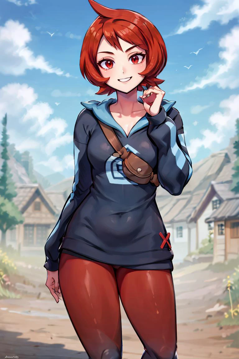 <lora:Genzoman_Style_Dim64:0.6>,((masterpiece,best quality)), absurdres, <lora:Arezu_Pokemon:0.8>, Arezu_Pokemon, solo, 1girl, red hair, cowlick, red eyes, blue hoodie, hood, red pantyhose, gradient legwear, solo, smiling, looking at viewer, cowboy shot