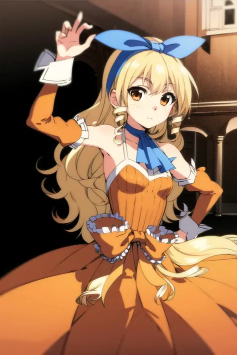 indoors, cave, ruin, 1girl, solo, upper body, (freckles:0.7),
, pose,
<lora:jane_maxwell2:1>, jane maxwell, blonde hair, long hair, hair bow, blue ascot, orange dress, long skirt, waist bow,