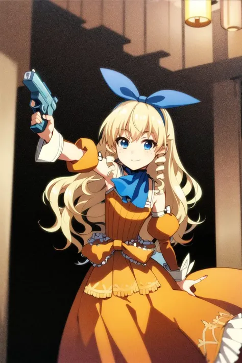 indoors, cave, ruin, 1girl, solo, upper body, (freckles:0.7),
child, pose,holding gun,
<lora:jane_maxwell2:1>, jane maxwell, blonde hair, long hair, hair bow, blue ascot, orange dress, long skirt, waist bow,