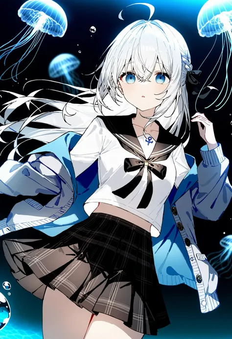 1girl, ciloranko:1.1, noyu \(noyu23386566\), wanke, minato_ojitan, (z282g:1.3), studio anime, anime screencap, official art, absurdres, best quality, perfect anatomy, newest, new, empty eyes, 1girl, skirt, long hair, blue eyes, shirt, sailor collar, jellyfish, cardigan, white hair, white shirt, long sleeves, , open cardigan, pleated skirt, hair between eyes, plaid, plaid skirt, underwater, bubble, solo, neck ribbon, black ribbon, parted lips, ahoge, ribbon, open clothes, dragon, fish, serafuku, blue theme, water, black skirt, collarbone, <lora:8643ca5e-a4c1-4f1e-a3a8-7f680bfdc19c:0.7>