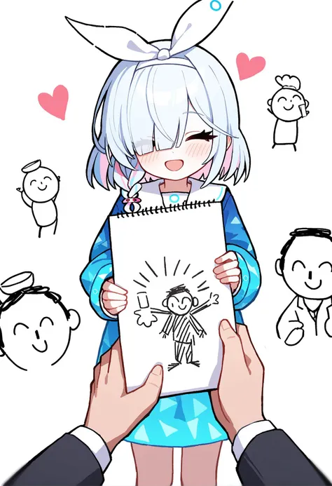 by hudeako, arona \(blue archive\), doodle sensei \(blue archive\), phrenapates \(blue archive\), plana \(blue archive\), sensei \(blue archive\), blue archive, highres, spoilers, 2girls, 2others, ambiguous gender, blue hair, blush, 's drawing, closed mouth, happy, heart, holding, holding hands, holding notepad, multicolored hair, multiple girls, multiple others, notepad, open mouth, pink hair, smile, white background, uncensored, best quality, masterpiece,