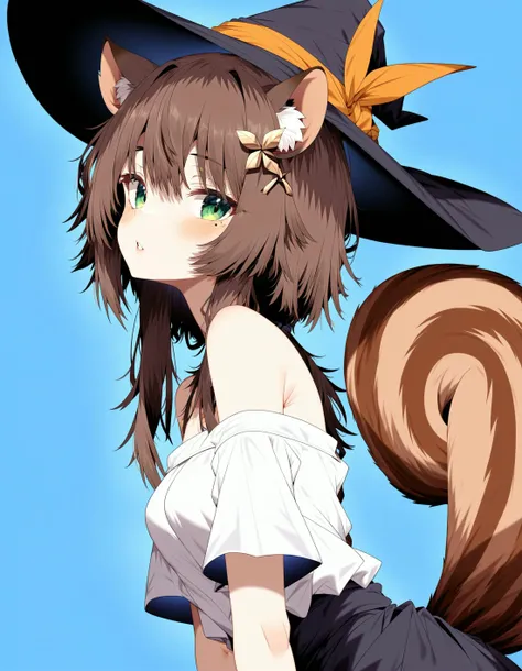 by jun \(aousa0328\), ayunda risu \(3rd costume\), squirrel girl, brown hair, animal ears, squirrel ears, green eyes, squirrel tail, tail, hat, witch hat, hair ornament, shirt, white shirt, ribbon, gloves, blue background, multicolored background, highres, 1girl, alternate costume, backlighting, color contrast, head tilt, limited palette, lips, looking at viewer, mole, mole under eye, nose, off-shoulder shirt, off shoulder, parted lips, shirt, solo, uncensored, best quality, masterpiece, absurdres, dutch angle