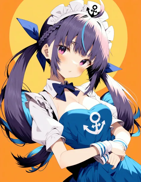 by jun \(aousa0328\), minato aqua \(1st costume\), hololive, long hair, multicolored hair, colored inner hair, blue hair, two-tone hair, purple eyes, twintails, maid headdress, ribbon, purple hair, braid, hair ribbon, dress, bangs, ahoge, bow, short sleeves, wrist cuffs, blue dress, cleavage, streaked hair, maid, blue ribbon, anchor symbol, frills, orange background, multicolored background, highres, 1girl, alternate costume, backlighting, color contrast, head tilt, limited palette, lips, looking at viewer, mole, mole under eye, nose, off-shoulder shirt, off shoulder, parted lips, shirt, solo, uncensored, best quality, masterpiece, absurdres, dutch angle