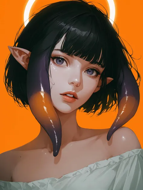 by kranny el, ninomae ina'nis, hololive, hololive english, highres, 1girl, alternate costume, backlighting, blunt bangs, bob cut, color contrast, halo, head tilt, limited palette, lips, looking at viewer, mole, mole under eye, nose, off-shoulder shirt, off shoulder, orange background, orange hair, parted lips, pointy ears, realistic, shirt, short hair, solo, tentacle hair, uncensored, best quality, masterpiece,