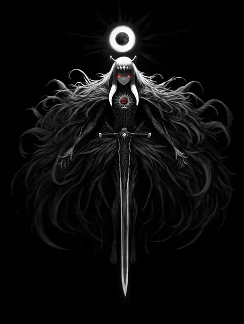 by kranny el, by baloolax, ninomae ina'nis, hololive, hololive english, highres, 1girl, black background, black sun, dark, dark persona, floating, full body, glowing, glowing eyes, greyscale, holding, holding sword, holding weapon, horns, long hair, looking at viewer, monochrome, sidelocks, simple background, solo, sun, sword, tentacle hair, transformation, very long hair, weapon, uncensored, best quality, masterpiece,