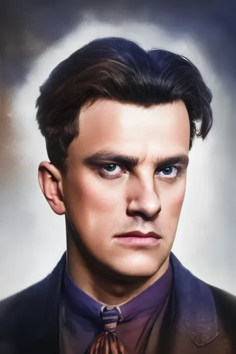 portrait of (Mayakovsky_Nero:1.45), European man, Mayakovsky_Nero in coat, 55mm, 4k,waist-length photo, (detailed skin:1.2), (pores:1.2), Beautiful eyes, round pupils, (photorealism:1.5), nikon , high resolution, (hi-top fade:1.3), dark theme, soothing tones, muted colors, high contrast, (natural skin texture, soft light, sharp), smoke, in the sky, colorful and vibrant, mystical colors, (art by Craig Davison:1.3),contemporary impressionism, portrait painting, iridescent painting, 3/4 perspective view, low angle, sweeping circling composition, large beautiful crystal eyes, big irises, UHD, HDR, 8K, (Masterpiece:1. 5), (the most beautiful portrait in the world:1.5) side photo <lora:Mayakovsky_V1-10:0.925>