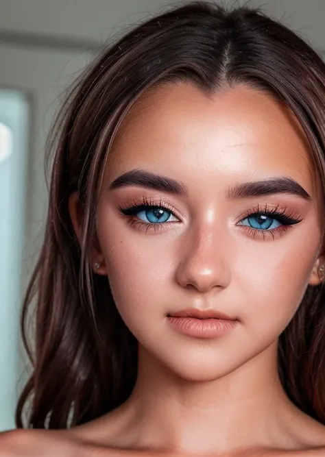 close up portrait of <lora:makayla:1> makayla, eyelashes, eye makeup, [grey:blue:0.6] eyes,  brown hair,(blush:1.2), textured skin, (vibrant colors, 8k, high quality, shot on Fujifilm X-T4, 1/200, f16, ISO 1250), <lora:epiCRealismHelper:0.99>, <lora:add_detail:0.8>, smile